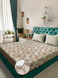 KLOTTHE Beige Geometirc Printed Dilengkapi 400 TC Kapas Cadar King & 2 Sarung Bantal