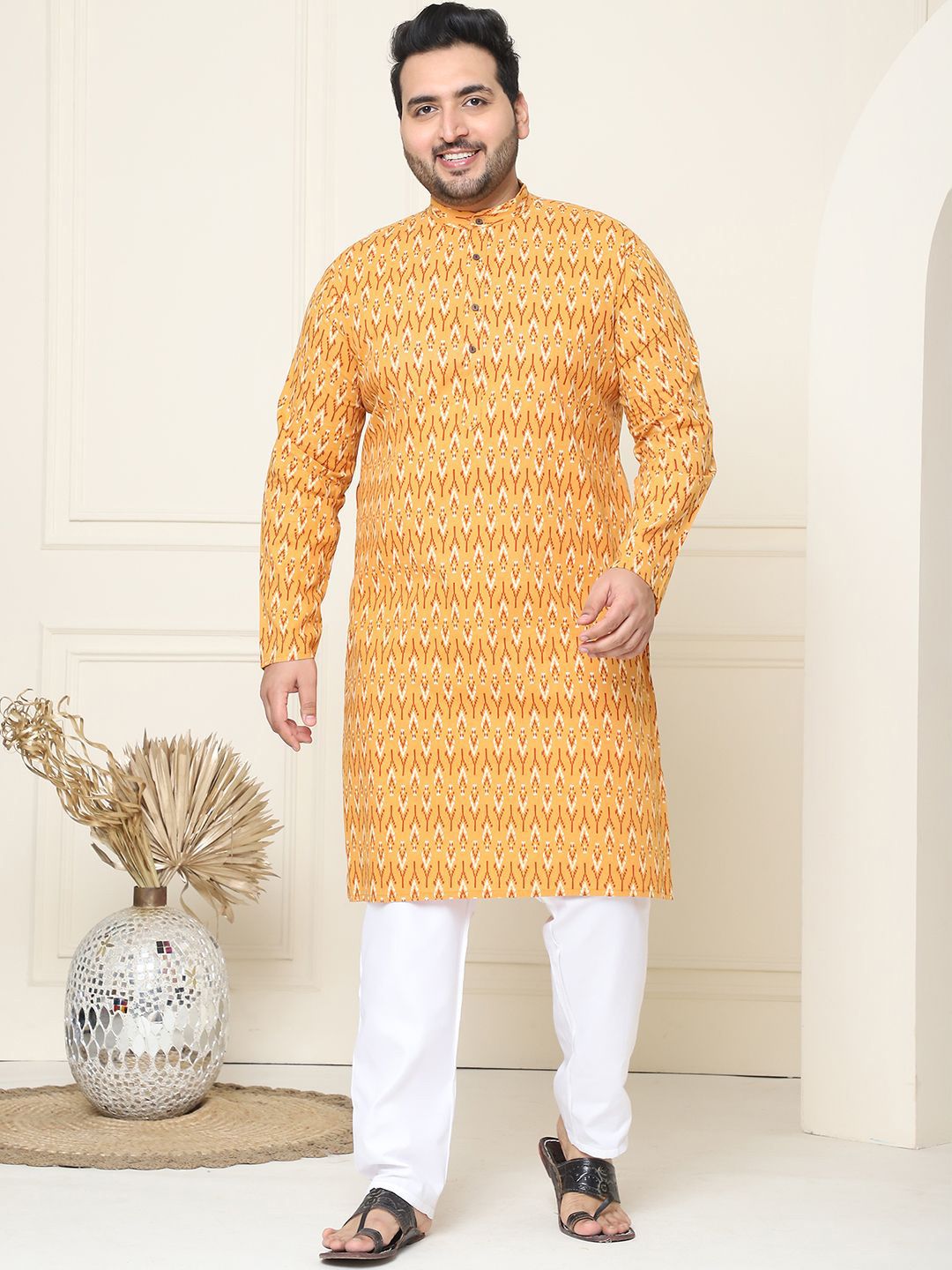 SOJANYA PLUS Geometric Printed Mandarin Collar Pure Cotton Straight Kurta with Pyjamas