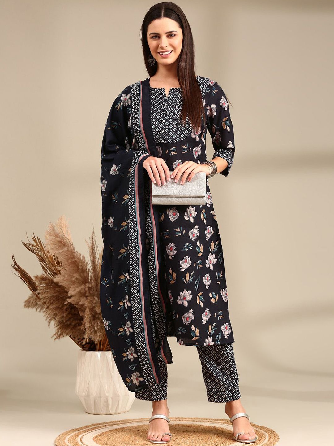 Anouk Navy Blue Floral Printed Notch Neck Straight Kurta with Trousers & Dupatta