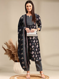 Anouk Navy Blue Floral Printed Notch Neck Straight Kurta with Trousers & Dupatta
