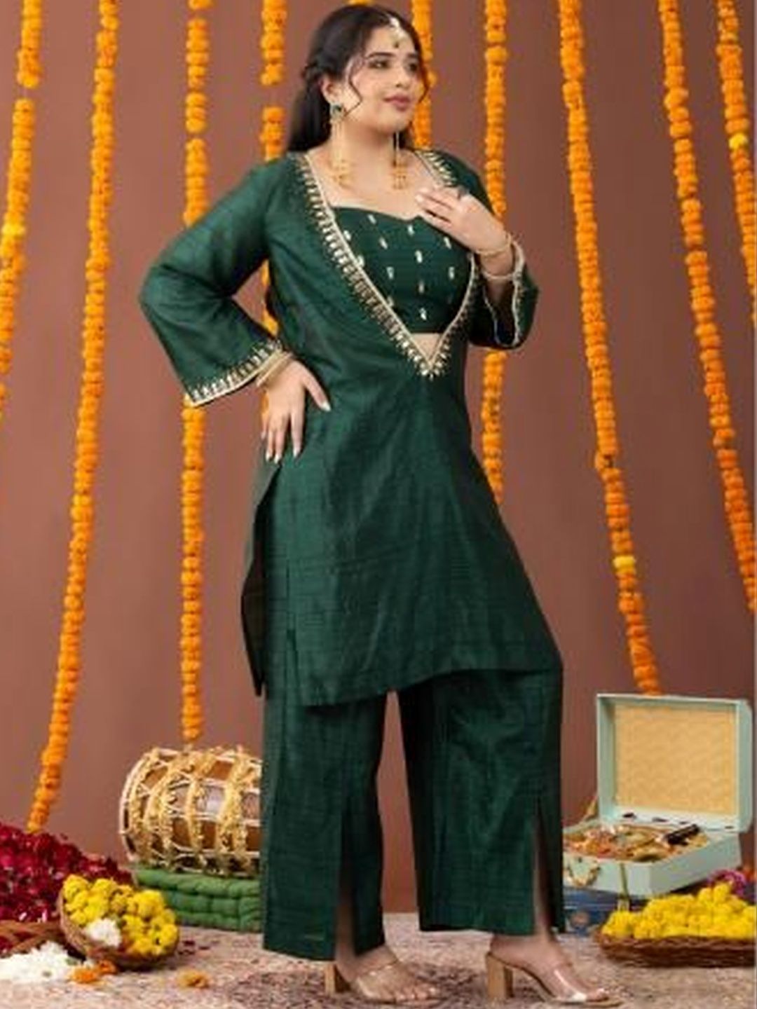 Mamicha Embroidered V-Neck Top & Palazzos Co-Ords