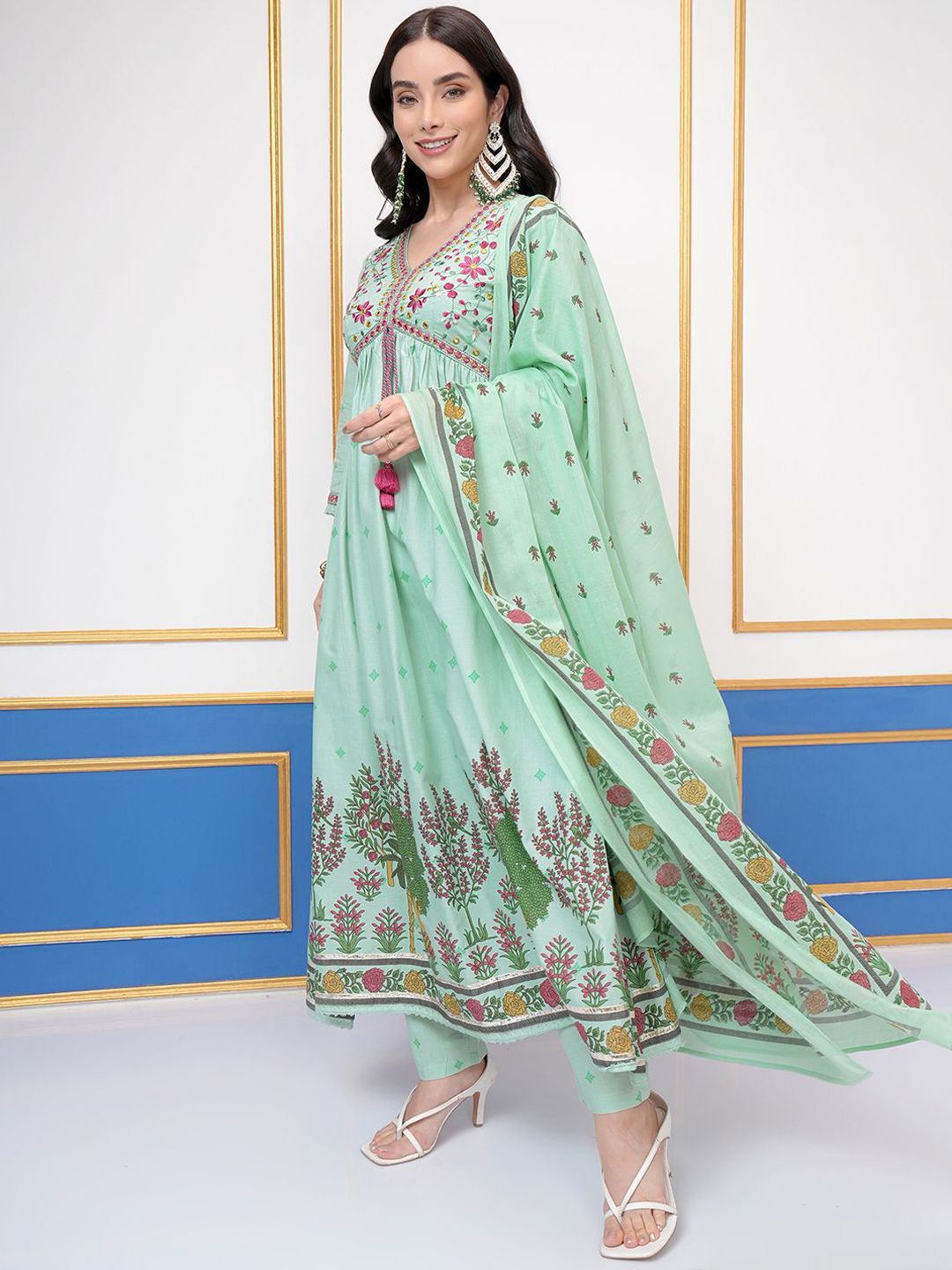Vishudh Floral Printed Empire Thread Work Pure Cotton Kurta With Trouser With Dupatta