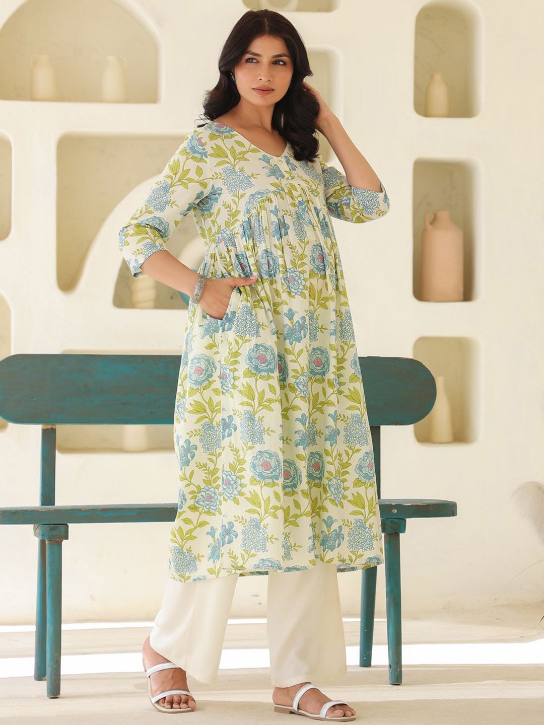Janasya Women's Off White Pure Cotton Floral Printed A-line Maternity Kurta