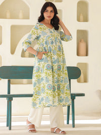 Janasya Women's Off White Pure Cotton Floral Printed A-line Maternity Kurta