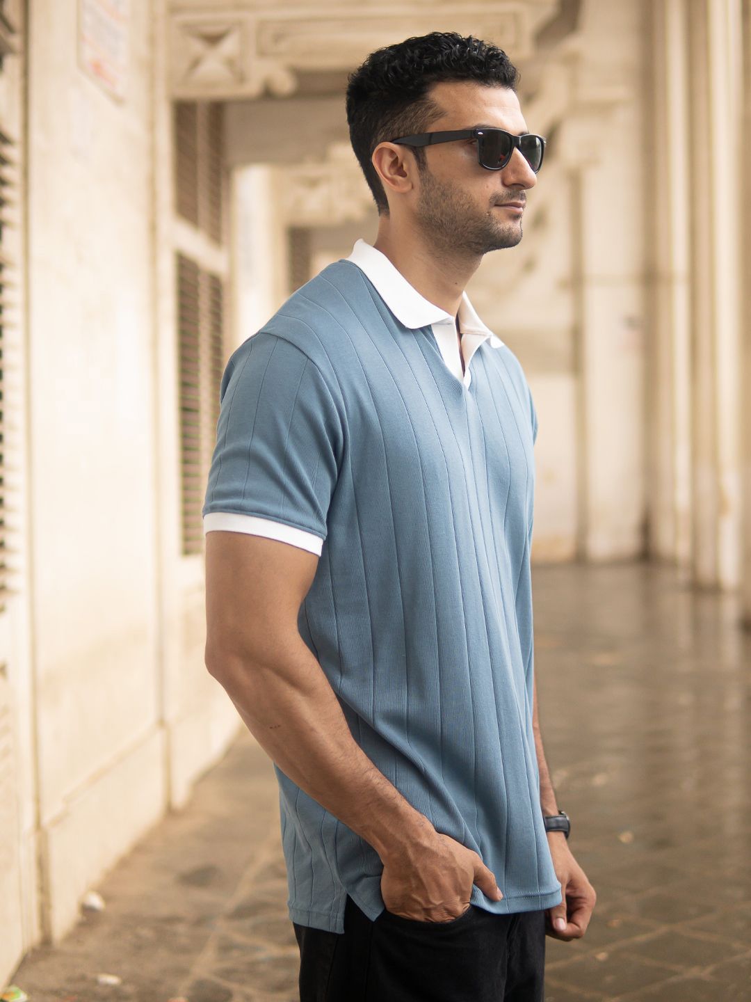 Powerlook SS25 Self Design Contrast Polo Collar Pure Cotton T-Shirt