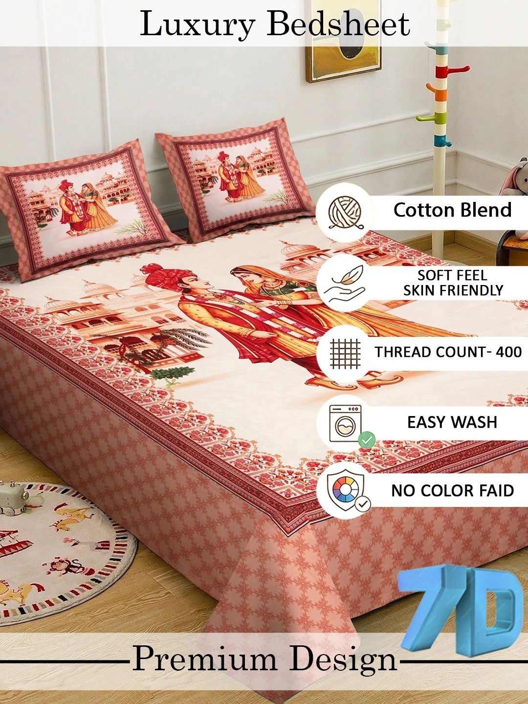 Myntra Elegant Homes Rust & White Ethnic Motifs 400 TC King Bedsheet with 2 Pillow Covers