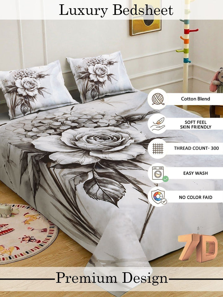Myntra Elegant Homes Grey Floral 300 TC King Double 7D Bedsheet with 2 Pillow Covers