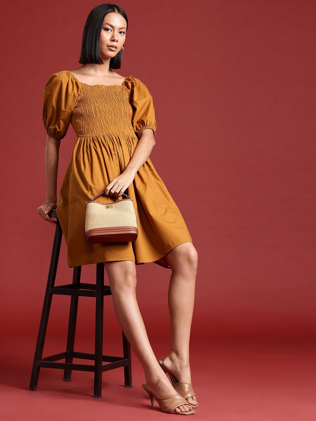 all about you Puff Sleeves Smocked Pure Cotton Fit & Flare Dress