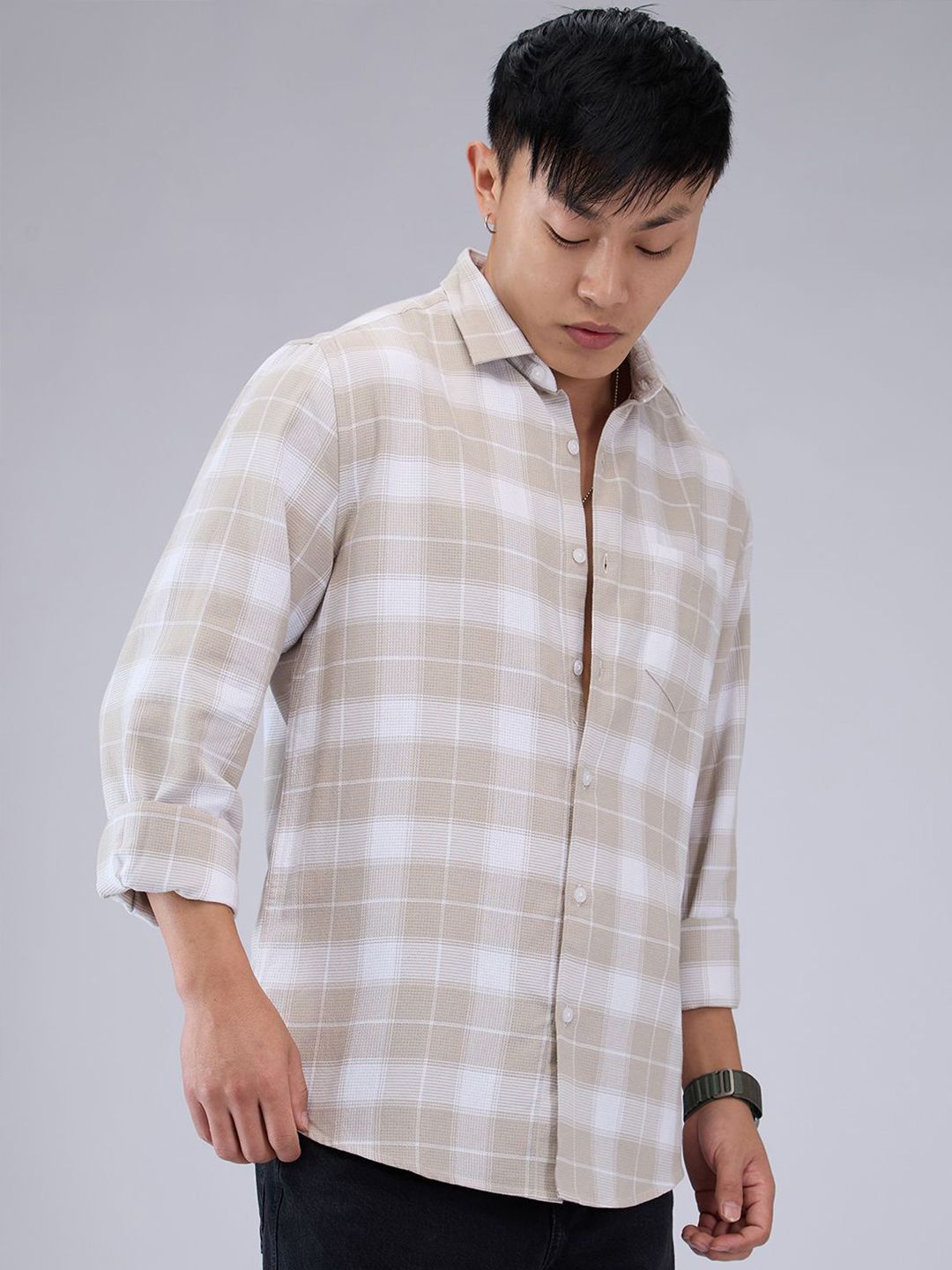 VASTRADO Men Classic Cutaway Collar Tartan Checked Cotton Slim Fit Casual Shirt