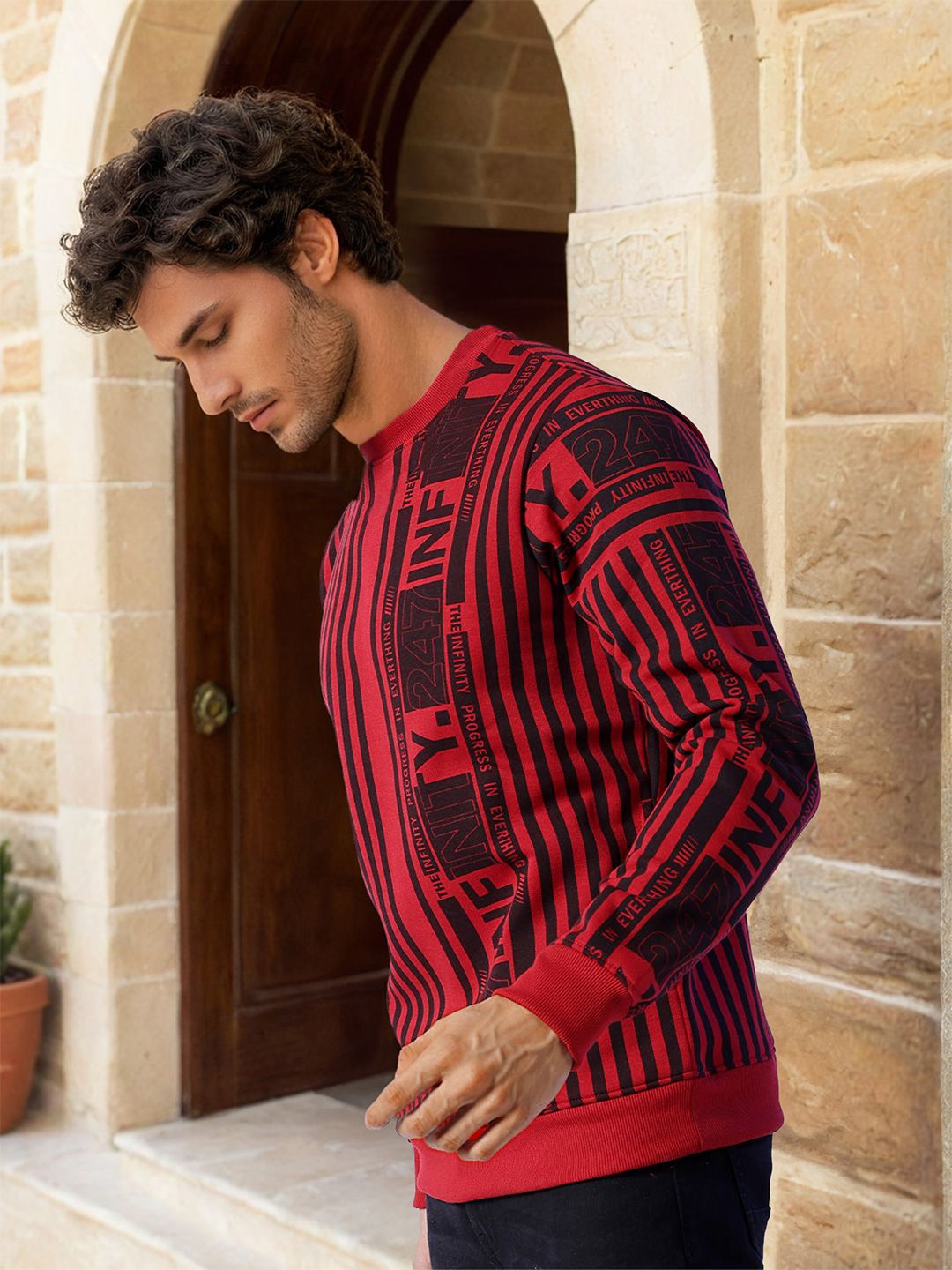 The Indian Garage Co Men Round Neck Striped Pullover Sweatshirt