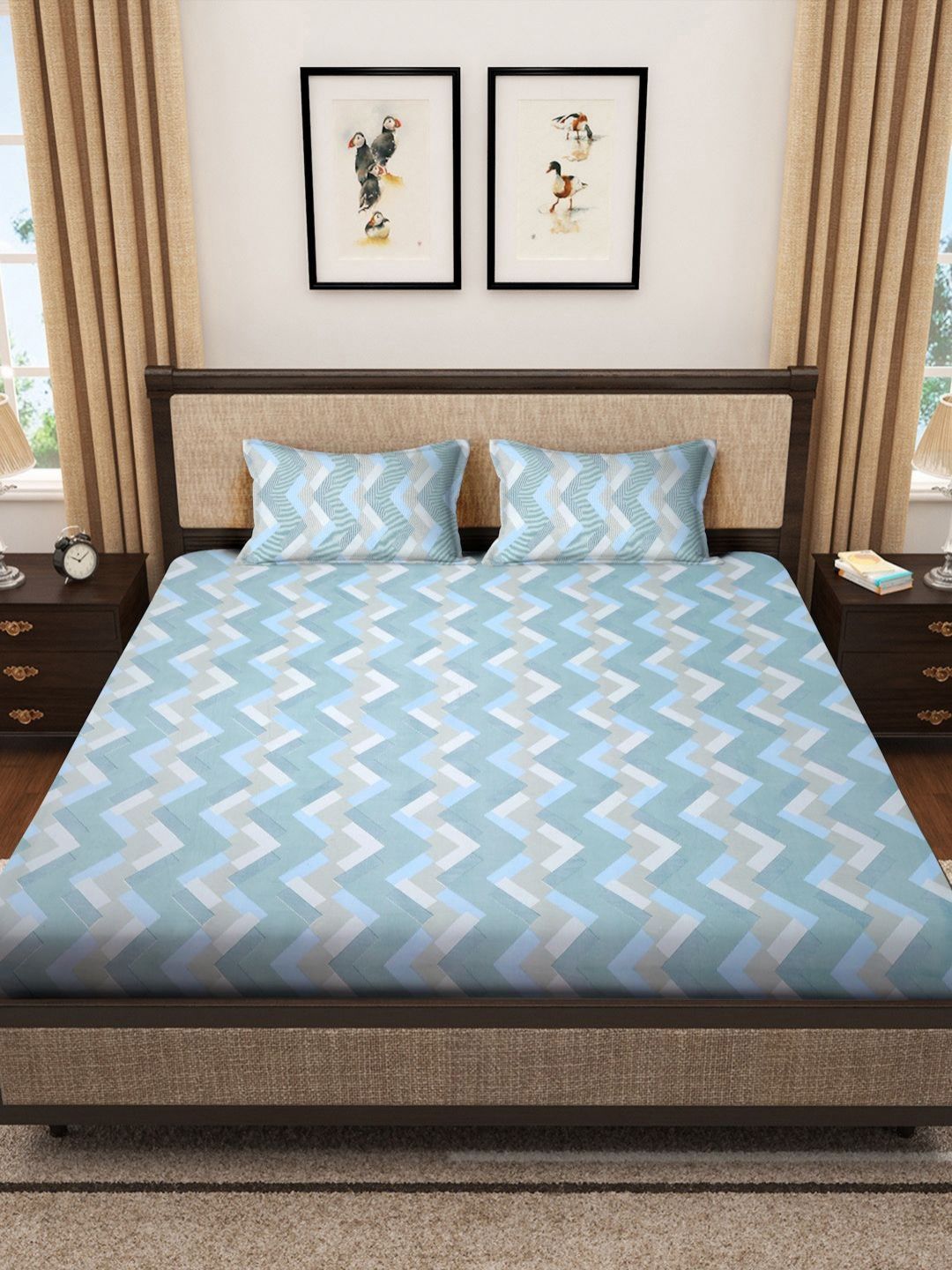Myntra Elegant Homes Biru Kapas Geometrik 400 TC Dilengkapi Cadar King & 2 Sarung Bantal
