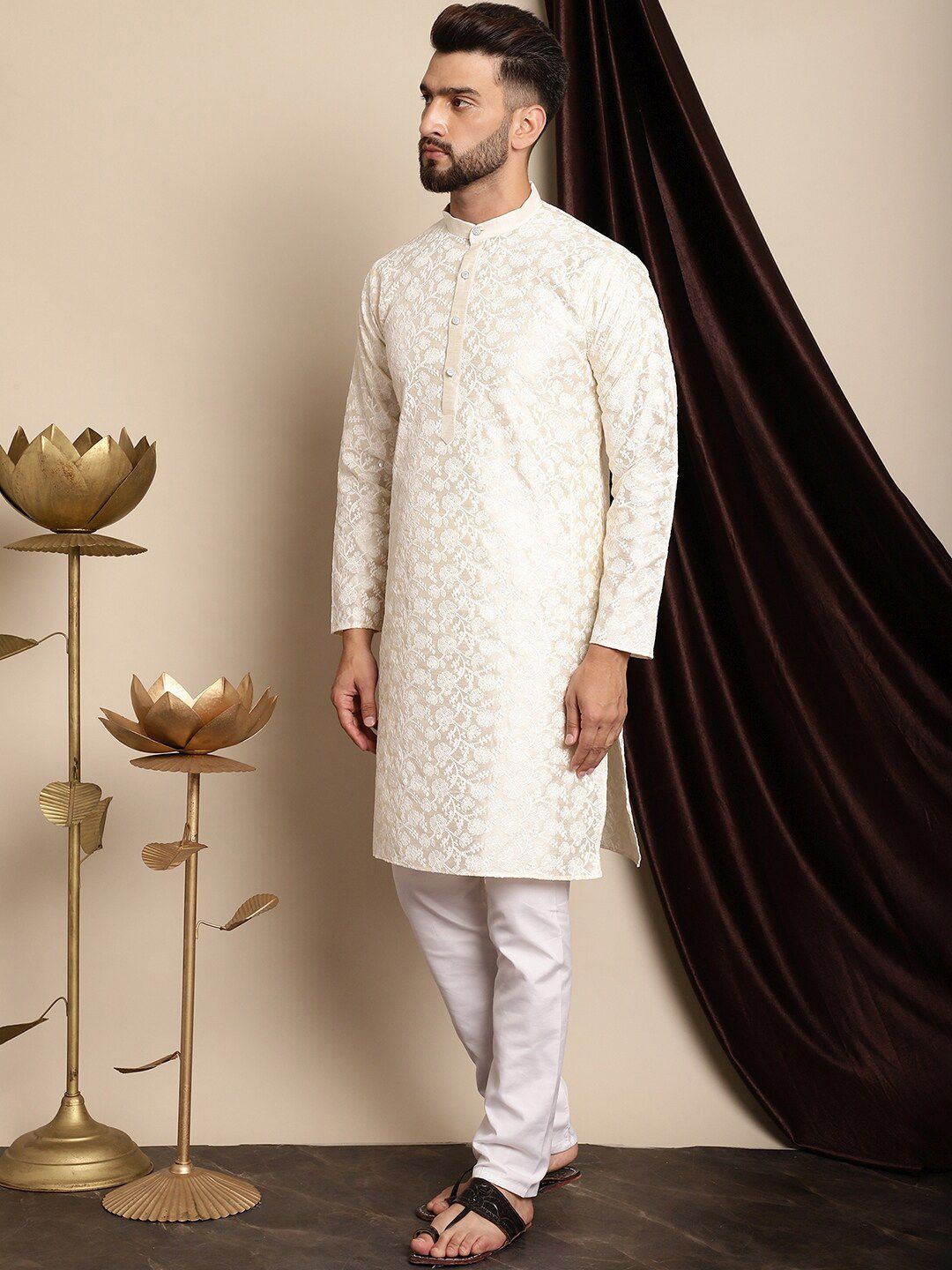 Anouk Floral Embroidered Band Collar Regular Kurta with Churidar