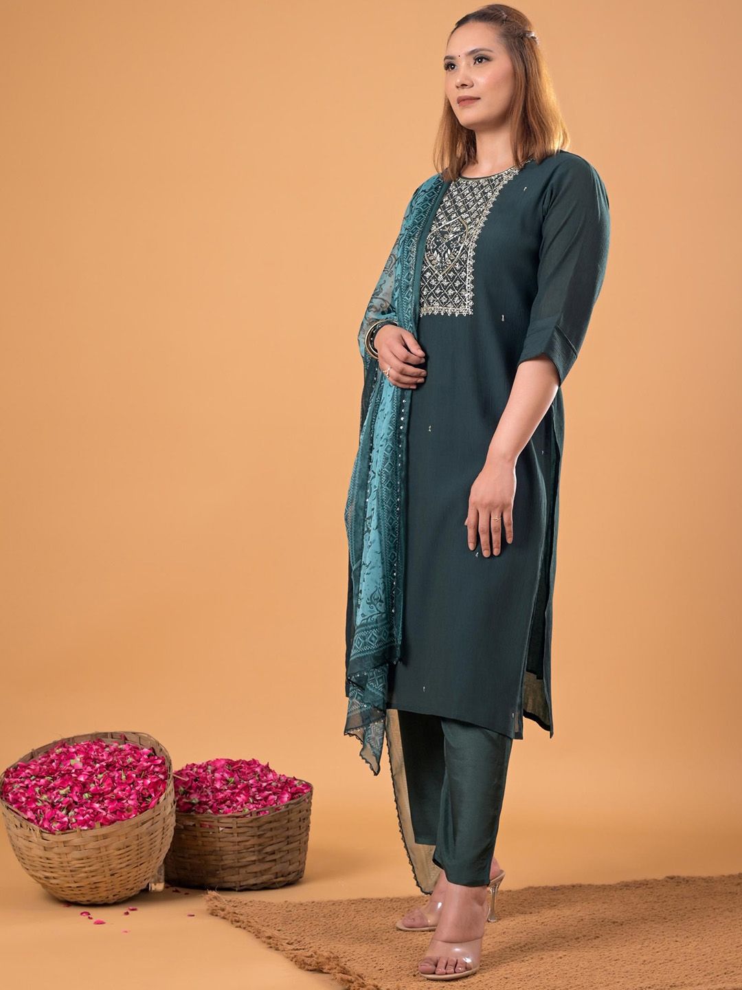 Mamicha Women Woven Design Embroidered Cotton Kurta with Trousers & Dupatta