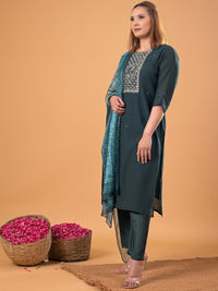 Mamicha Women Woven Design Embroidered Cotton Kurta with Trousers & Dupatta