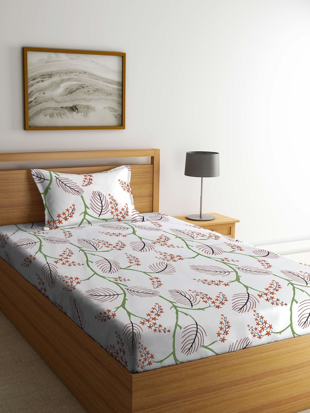 Myntra Elegant Homes White & Green Floral 300 TC Single Bedsheet with 1 Pillow Covers