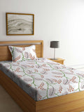 Myntra Elegant Homes White & Green Floral 300 TC Single Bedsheet with 1 Pillow Covers