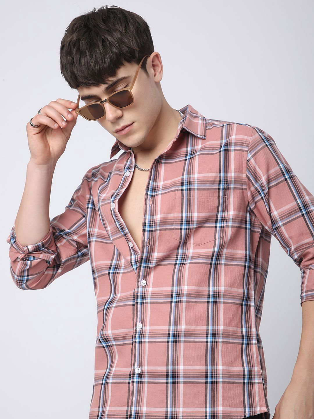 VASTRADO Premium Cotton Dark Peach Dupplin Checked Pure Cotton Shirt