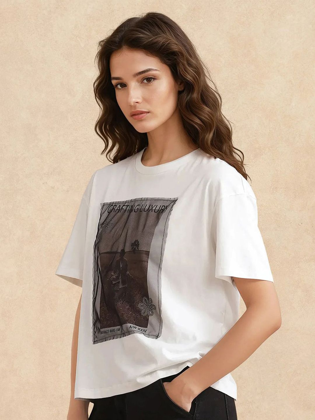 Rareism Wanita Grafik Bercetak Kapas Leher Pusingan T-shirt Santai