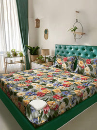KLOTTHE Green Floral Printed Dilengkapi 300 TC King Double 7D Cadar Dengan 2 Sarung Bantal