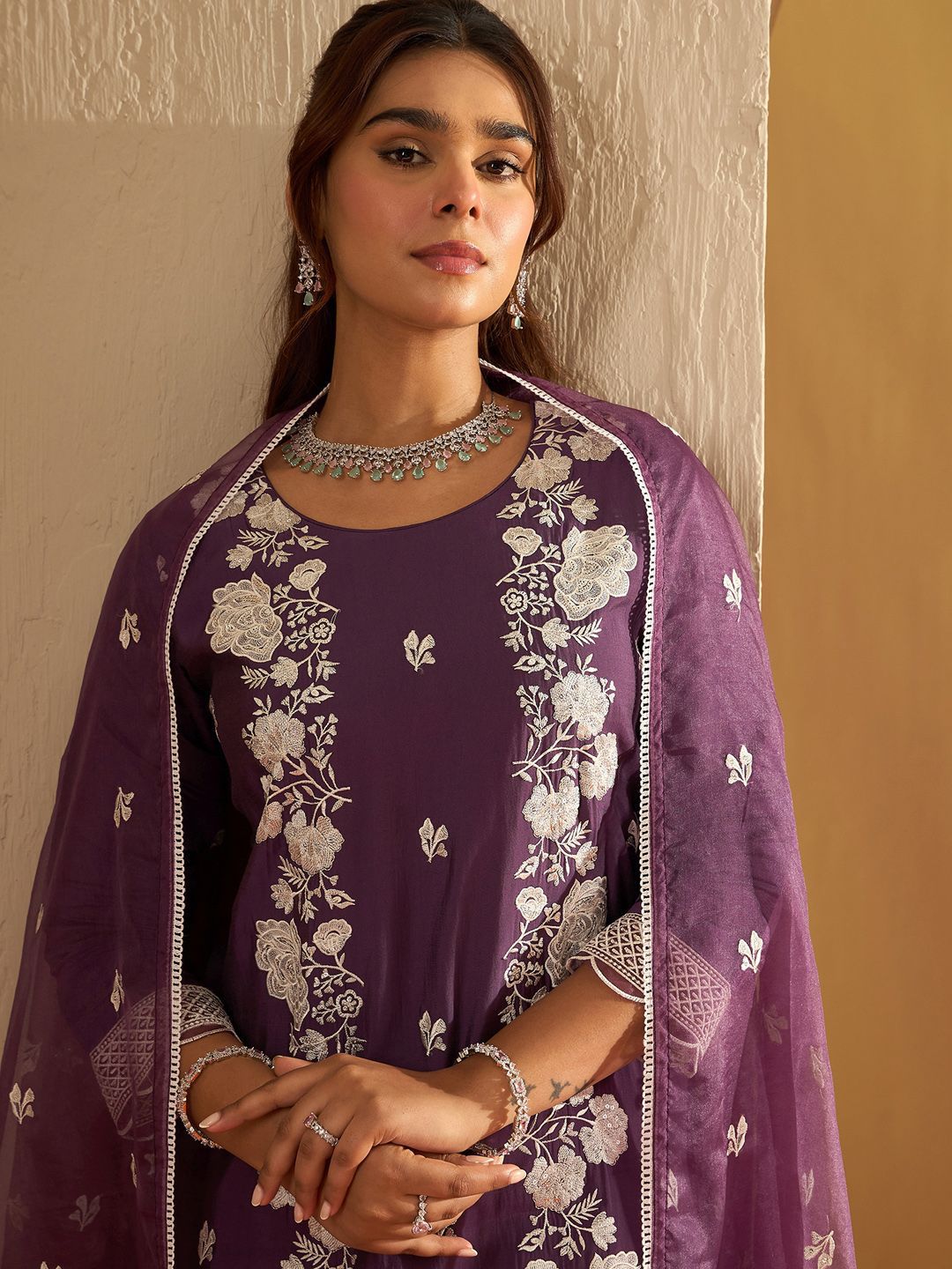 Indo Era Floral Embroidered Thread Work Straight Kurta With Trousers & Dupatta