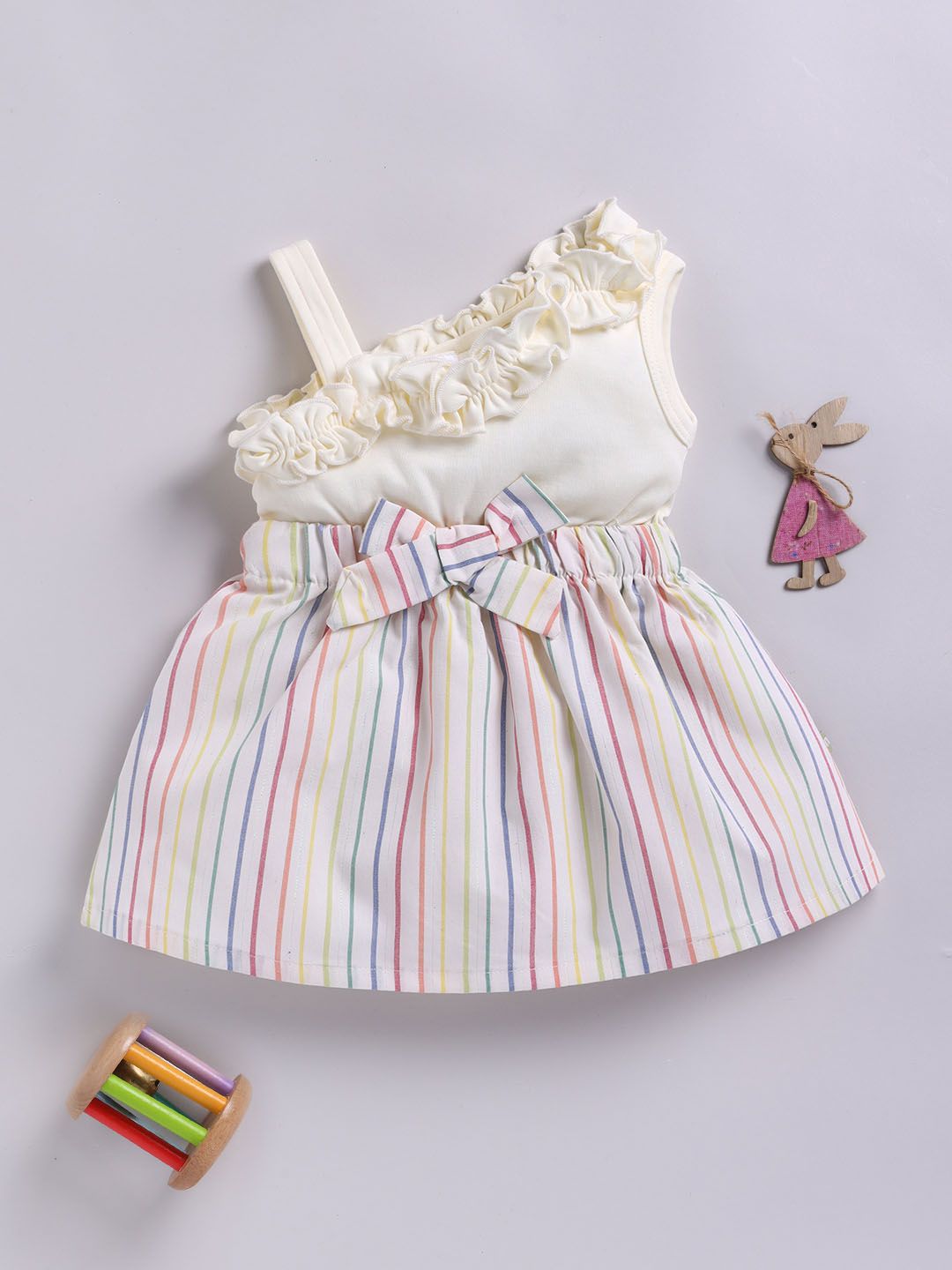 Moms Love Infant Girls Striped Pure Cotton Dress with Bow Detail