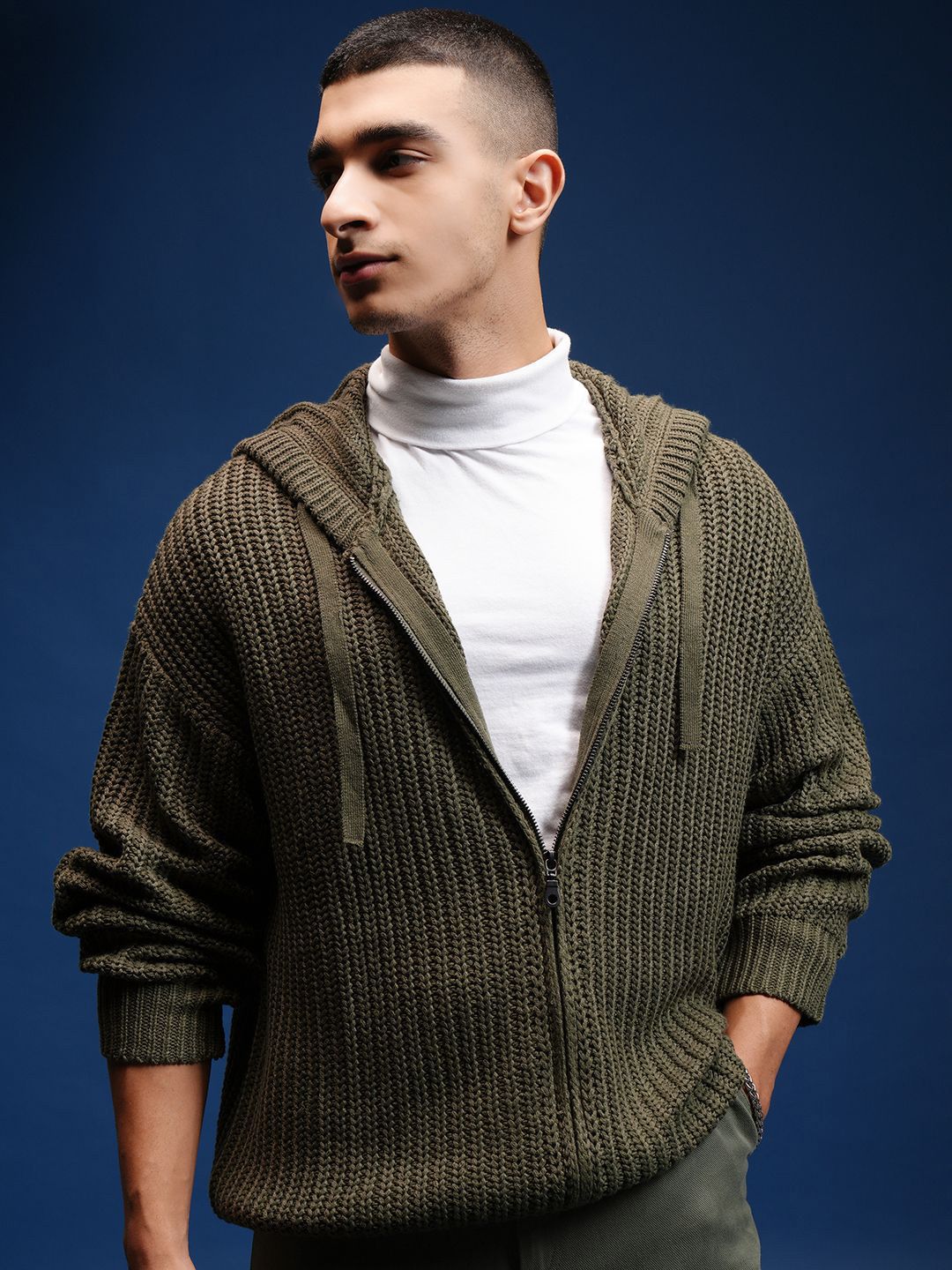 HIGHLANDER Men Cable Knit Hooded Cardigan With Zip Detailed