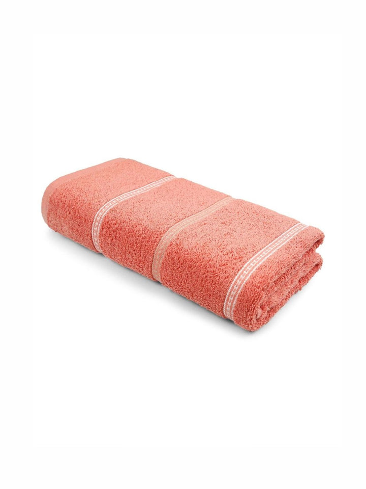 MYTRIDENT Peach-Coloured & White Striped Cotton 450 GSM Bath Towel