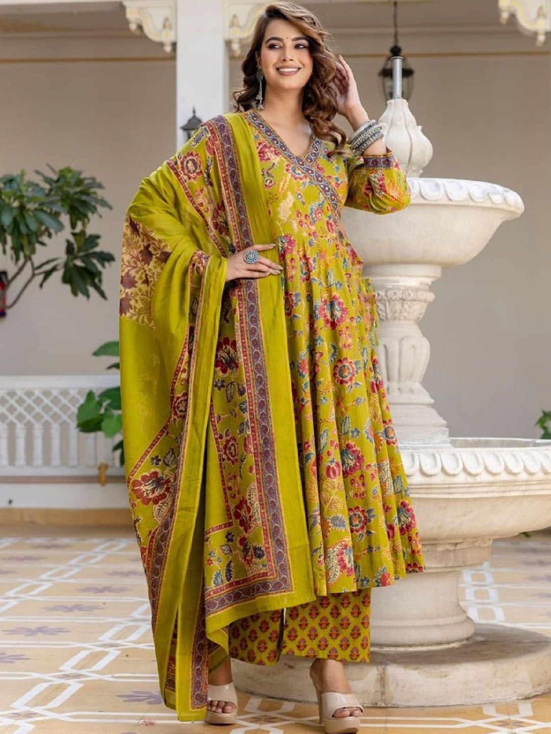 KALINI Women Floral Printed Angrakha Thread Work Kurta with Trousers & With Dupatta