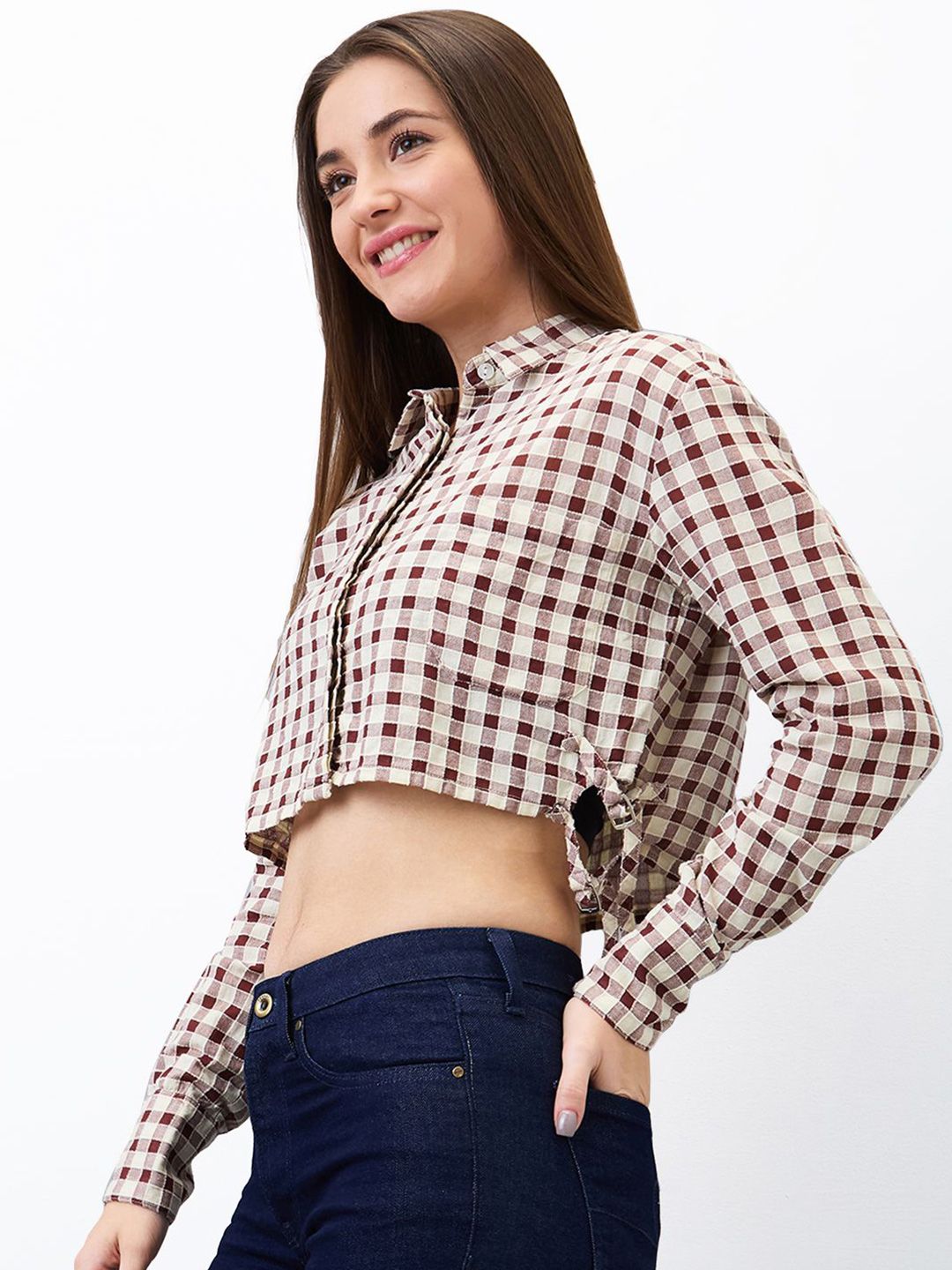 SPYKAR Women Regular Fit Spread Collar Gingham Checked Cotton Crop Shirt
