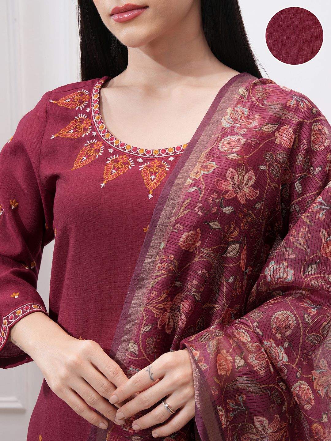 Vishudh Women Ethnic Motifs Embroidered Regular Kurta with Trousers & With Dupatta