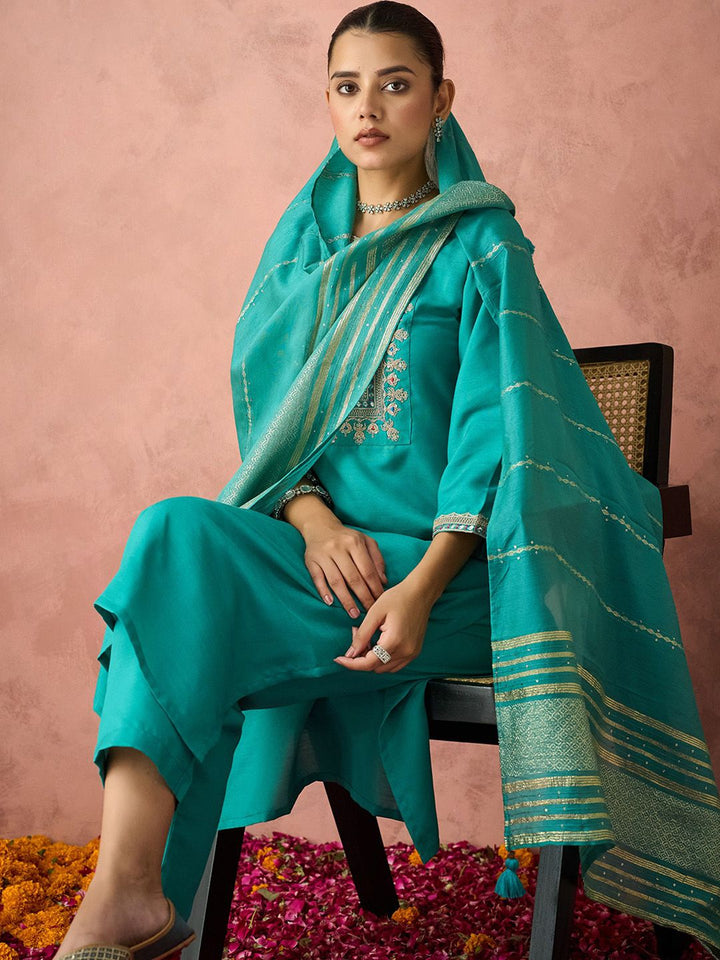 KALINI Ethnic Motifs Embroidered Straight Kurta With Trousers & Dupatta