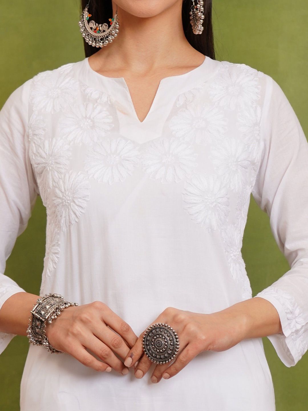 HOUSE OF KARI Floral Embroidered Cotton Chikankari A-Line Short Kurta