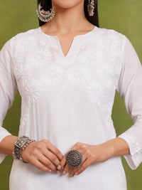HOUSE OF KARI Floral Embroidered Cotton Chikankari A-Line Short Kurta
