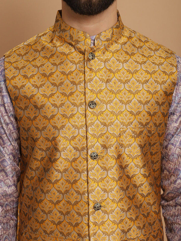 Anouk Men Geometric Printed Straight Kurta With Churidar & Nehru Jacket
