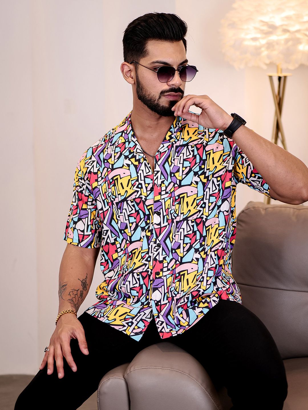 Eszett Men Abstract Printed Cuban Collar Casual Shirt