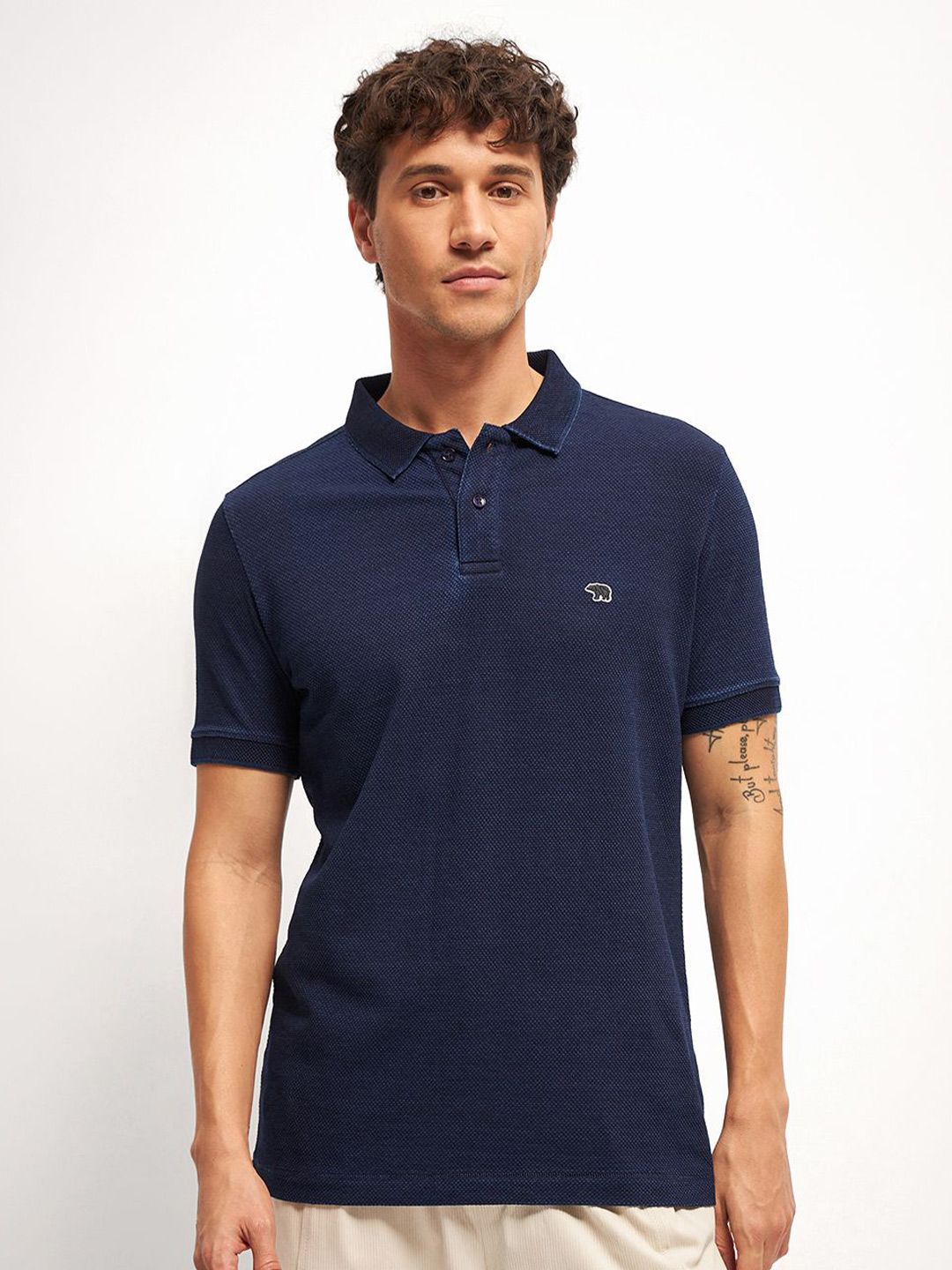 THE BEAR HOUSE Pure Cotton  Self Design Polo Collar T-shirt