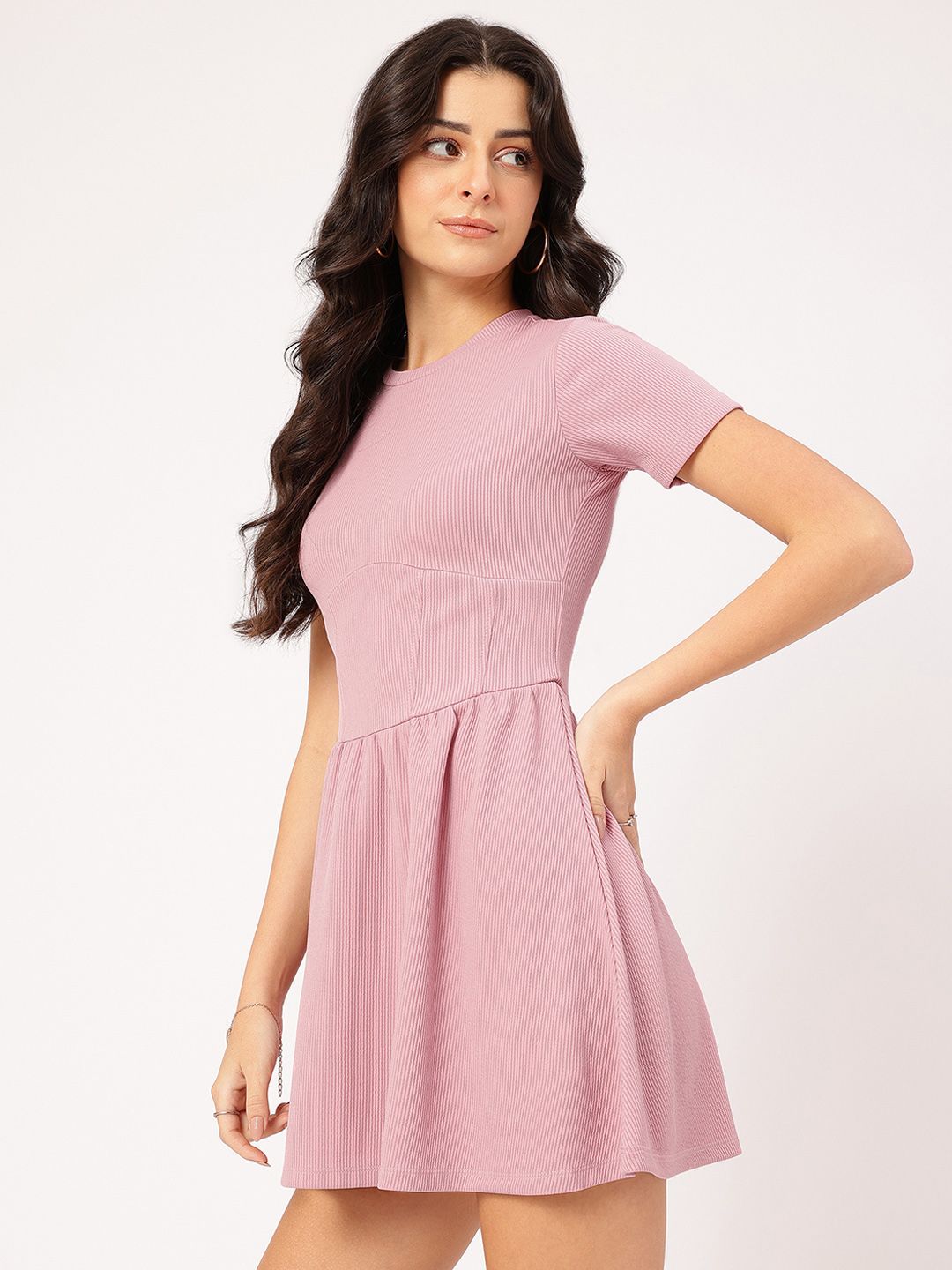 DressBerry Playful Pleats Ribbed Mini A-Line Dress