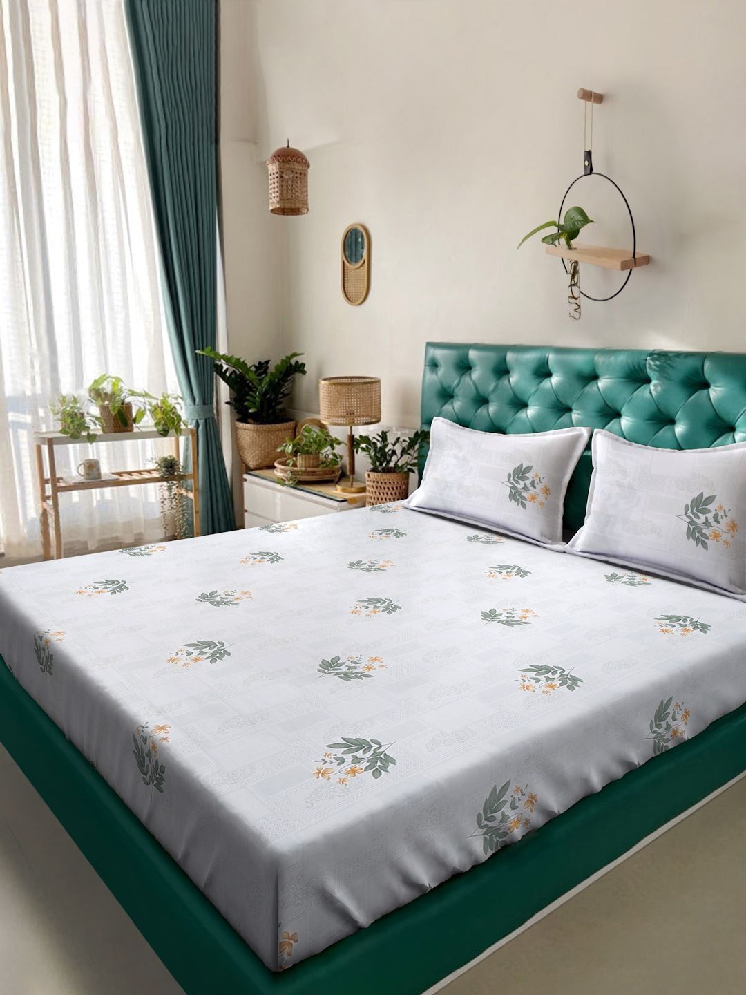 Myntra Elegant Homes White Floral 400 TC Bedsheet with 2 Pillow Covers