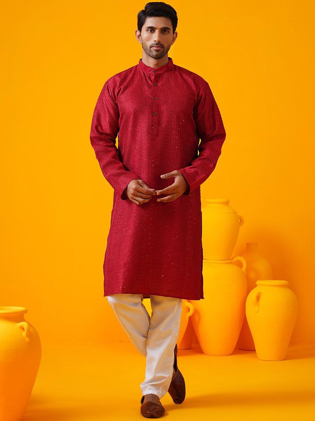 SOJANYA Benang Kolar Bersulam Geometrik Bekerja Kurta Lurus