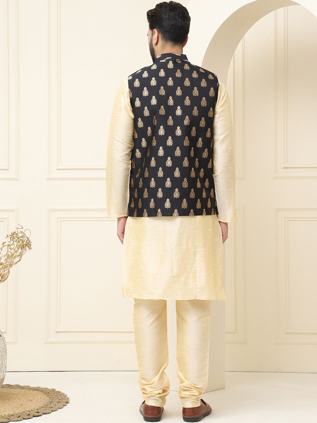 SOJANYA Mandarin Collar Silk Cotton Kurta With Churidar & Woven Design Nehru Jacket