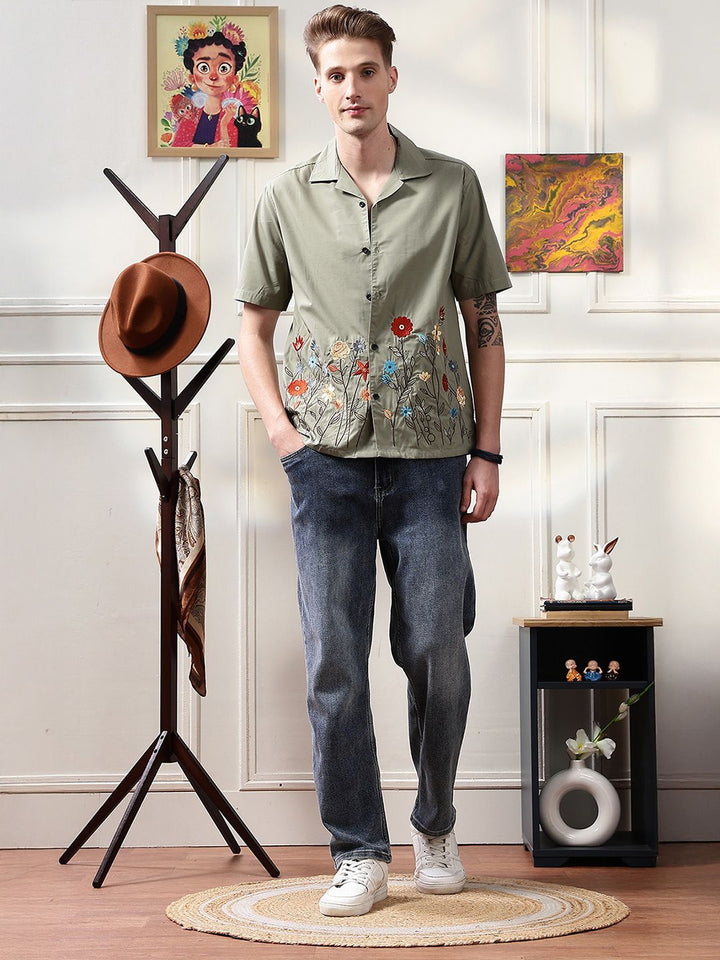 Eszett Floral Printed Spread Collar Embroidered Casual Shirt
