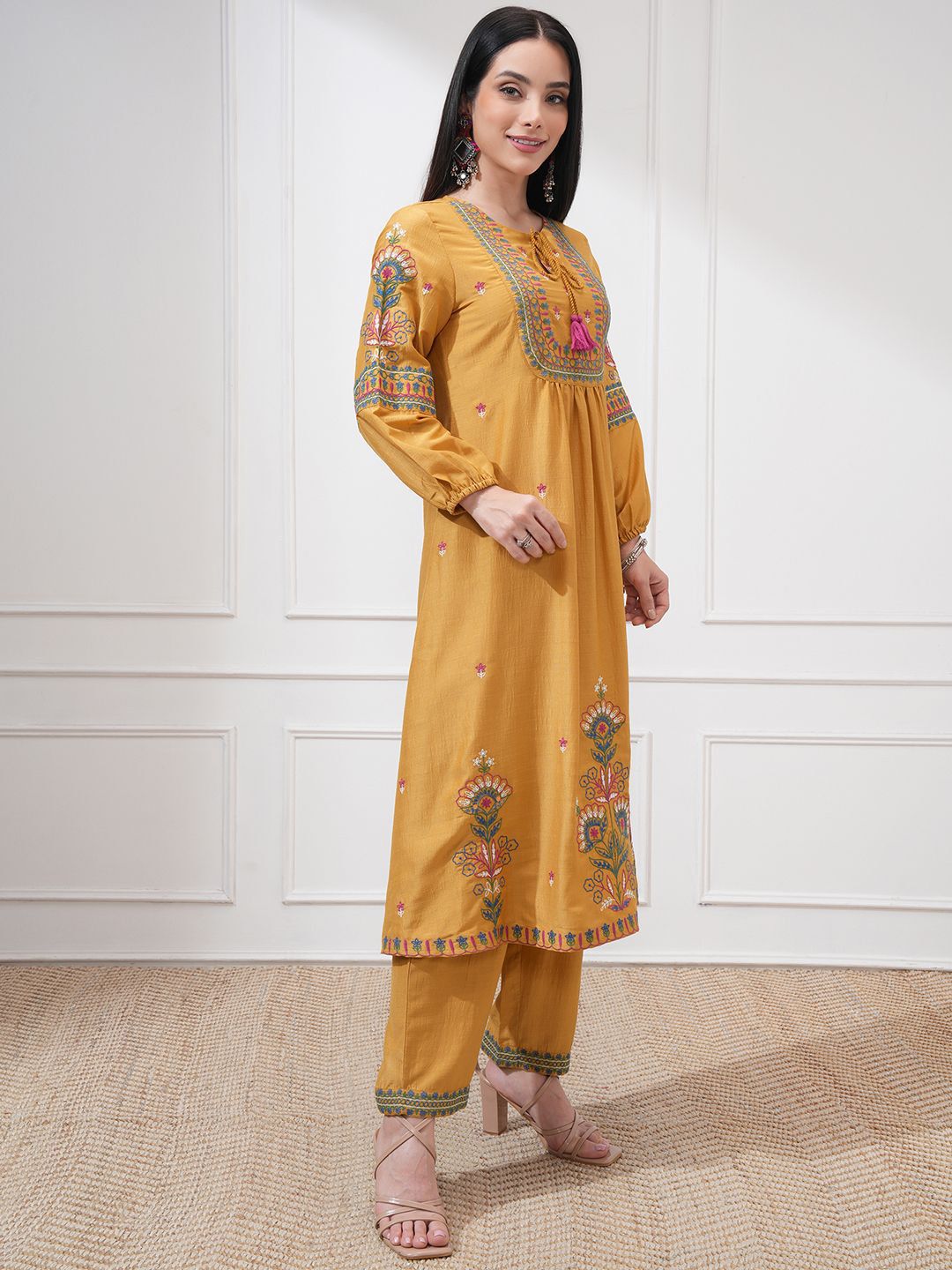 Vishudh Floral Embroidered Tie-Up Neck Thread Work A-line Kurta With Trouser And Dupatta