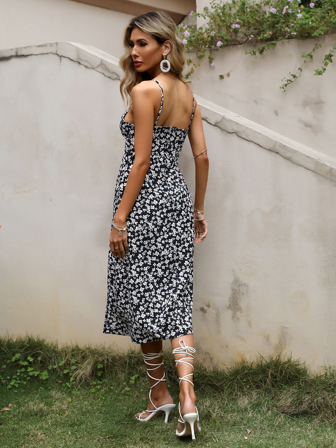 DressBerry Floral Print Shoulder Straps Bodycon Midi Dress with Slits