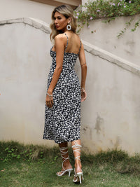 DressBerry Floral Print Shoulder Straps Bodycon Midi Dress with Slits