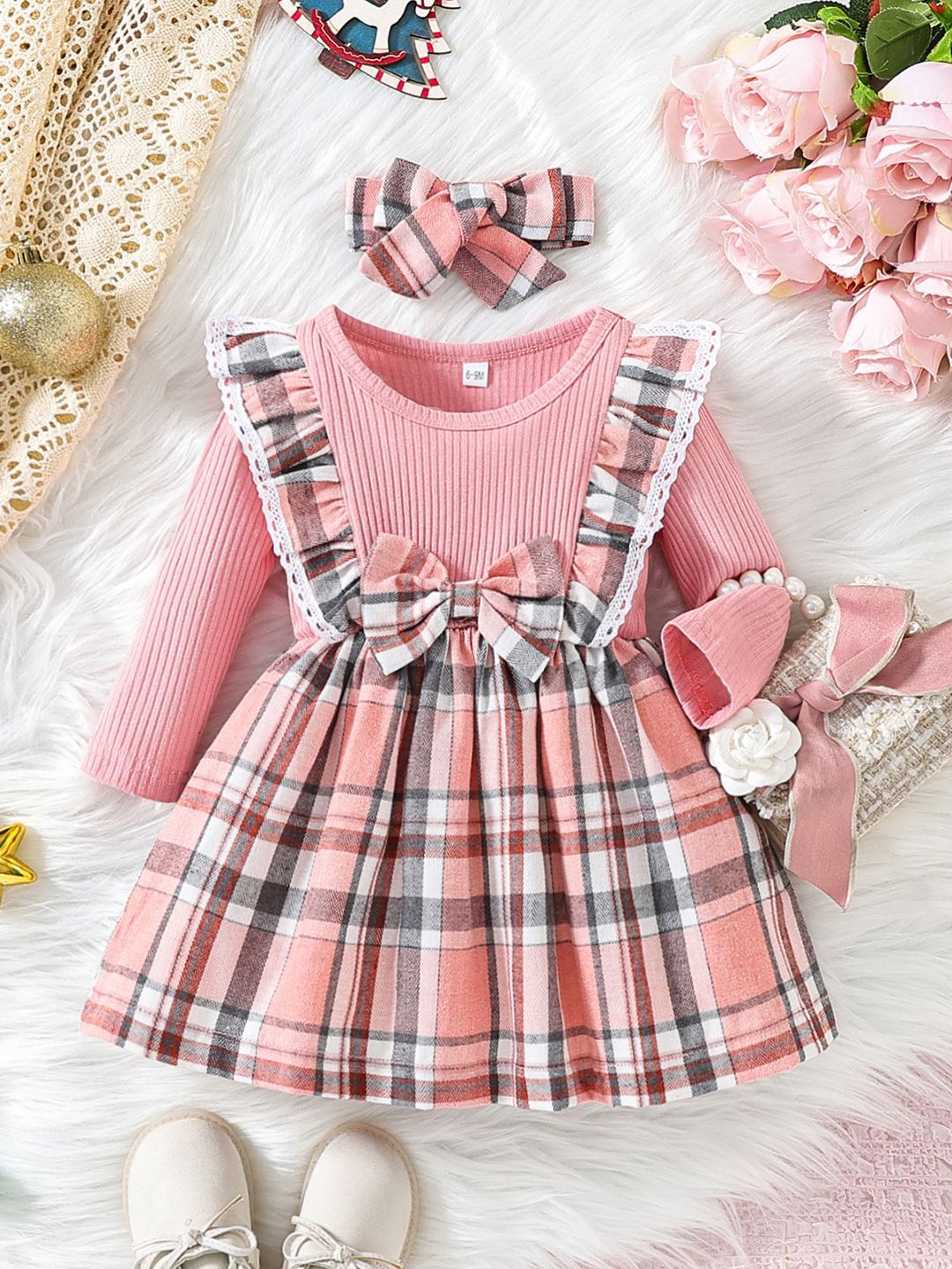 YK Girls Checked Fit and Flare Knee Length Dress With Handbag