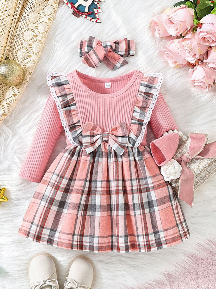 YK Girls Checked Fit and Flare Knee Length Dress With Handbag