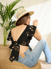 Berrylush Floral Print Ruffles Styled Back Crop Top