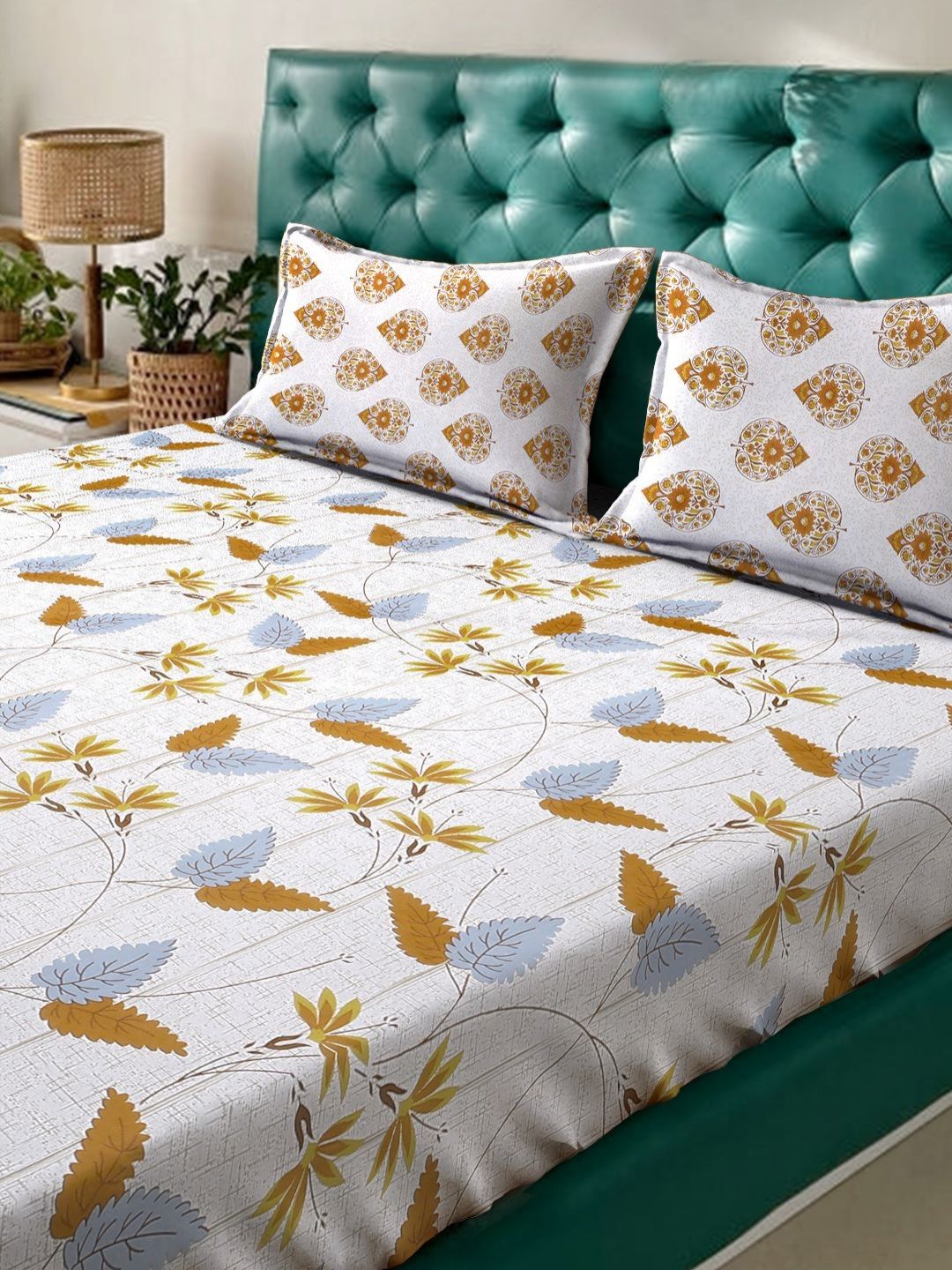 Myntra Elegant Homes Berwarna Krim & Bunga Mustard 400 TC Cadar King dengan 2 Sarung Bantal