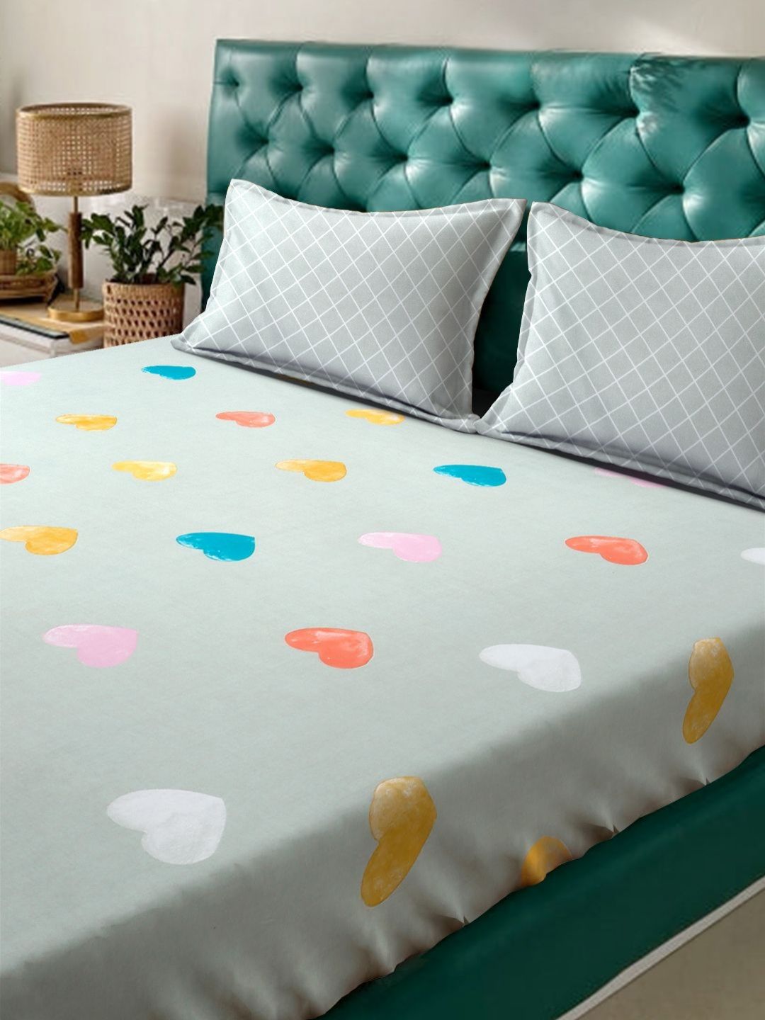 KLOTTHE Green Conversational Cotton 300 TC King Cadar Halus dengan 2 Sarung Bantal-98 x 89 inci