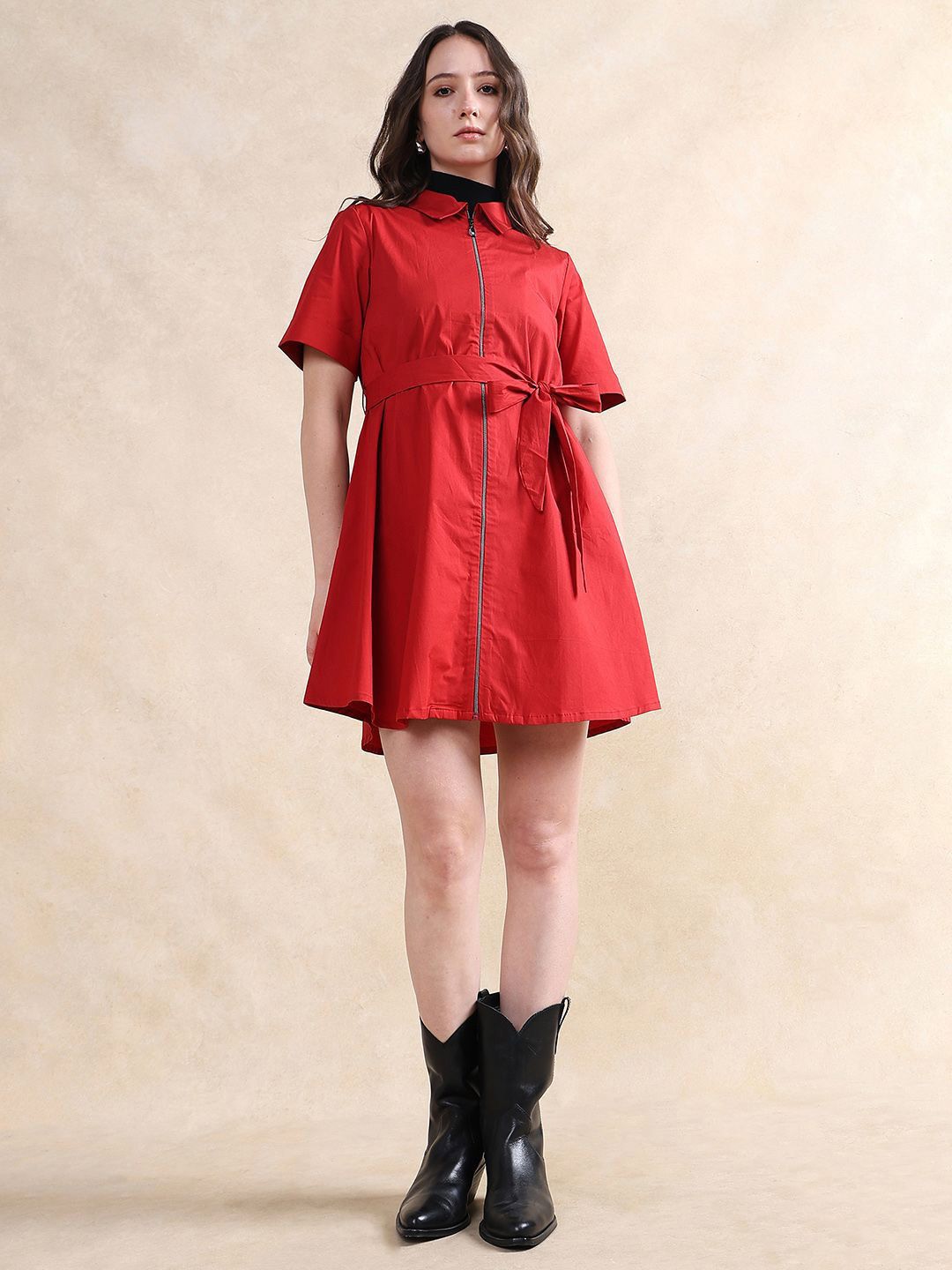 RAREISM Women Fit & Flare Mini Solid Cotton Dress